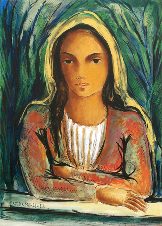 VÍCTOR MANUEL GARCÍA<br> Gypsy with Yellow Cloth,<br> <i>(Gitana con Paño Amarillo)</i>,<br> ca. 1955,<br>
mixed media on heavy paper laid down on board,<br> 23 3/4 x 16 3/4 inches<br><br>
<i>Provenance:</i><br> Private Collection, Zaragoza, Spain.<br><br>
This painting is also accompanied by a certificate of authenticity signed by <br> José Veigas Zamora and Ramón Vázquez Díaz.