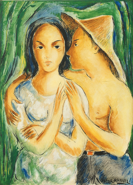 VÍCTOR MANUEL GARCÍA<br> Sweethearts,<br> <i>(Novios)</i>,<br> ca. 1948,<br> mixed media on paper laid down on canvas,<br> 30 x 22 inches<br><br>
<i>Exhibitions:</i><br>
Exhibited in Víctor Manuel,<i>Transcendencia de la Libertad</i>,<br> Alfredo Martínez Gallery, Coral Gables, Florida, undated, ca. 1997,<br>
and illustrated in the corresponding exhibition catalog.<br>
Exhibited in Latin American Art Auction, Miami, Florida, January 12, 1997,<br> number 7 in the catalog.<br>
Illustrated in <i>Important Cuban Artworks, Volume Eight, Cernuda</i> Arte, Coral Gables,<br> Florida, December 2009, page 26.