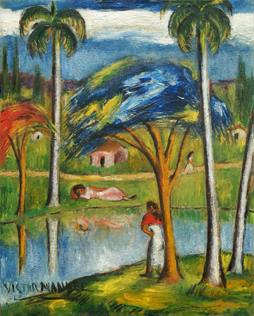 V�CTOR MANUEL GARC�A<br> Landscape with Figures by the River,<br> <i>(Paisaje con Figuras a la Orilla del R�o)</i>,<br> ca. 1950,<br>
oil on canvas,<br> 20 x 16 inches<br><br>
<i>Illustrations:</i><br>
Illustrated in <i>V�ctor Manuel</i>, by Ram�n V�squez D�az,<br> Ediciones Vanguardia Cubana, 2010, page 139.<br><br>
This painting is also accompanied by a certificate of authenticity<br>
signed by Ram�n V�zquez D�az.
