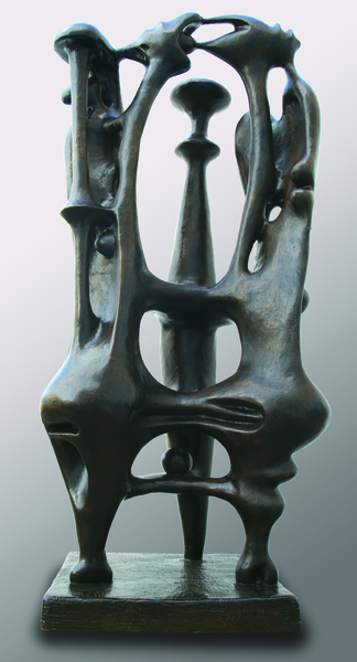 AGUST�N C�RDENAS<br>
Composition with Three Figures,<br> <i>(Composici�n con Tres Figuras)</i>,<br> 1956,<br>
bronze sculpture, Artist�s Proof, one of four,<br> 59 x 26 3/4 x 20 1/8 inches<br><br>
<i>Exhibitions:</i><br>Exhibited in Galerie Patrice Trigano, Paris, France, March 10, 1999,<br> and illustrated in the exhibition catalog (different cast).<br><br>
Foundry stamp �Christian Maas Founder,� imprinted on this sculpture.