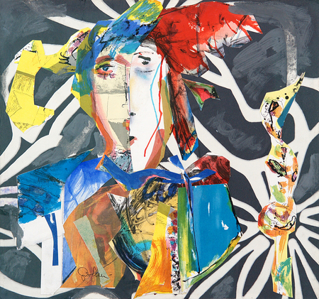 GINA PELL�N<br>Going to the Carnival,<br>
<i>(Al Carnaval Me Voy)</i>,<br> 2014,<br>
painted collage on heavy paper laid down on wood,<br>
17 3/4 x 19 inches

