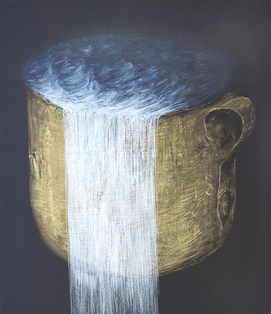 ROBERTO FABELO<br>
Overflow,<br> <i>(Desbordamiento)</i>,<br> 2015,<br> oil on canvas,<br> 87 x 75 inches<br>