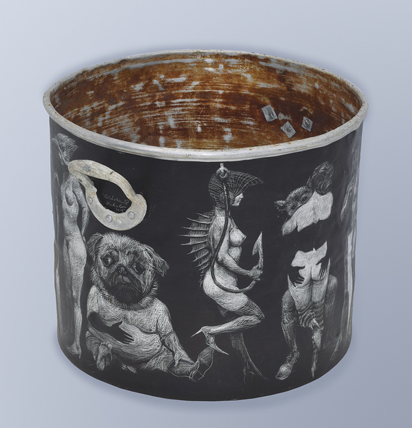 ROBERTO FABELO<br>
Brothy VI,<br> <i>(Caldosa VI)</i>,<br> 2015,<br> painting on metal cauldron,<br> 17 x 25 1/2 x 20 1/4 inches