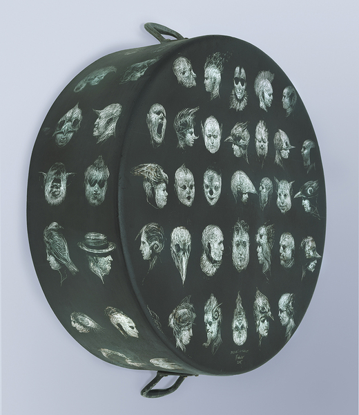 ROBERTO FABELO <br> Little Theatre,<br> <i>(Peque�o Teatro)</i>,<br> 2015,<br> painting on metal cauldron,<br> 32 3/4 x 27 3/4 x 9 3/4 inches
