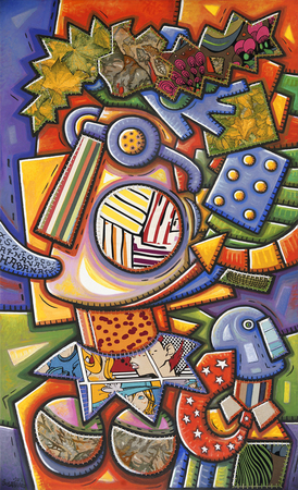 ALFREDO SOSABRAVO<br>
Entering the Carnival,<br> <i>(Entrando al Carnaval )</i>,<br> 2012,<br> oil and collage on canvas,<br> 63 x 38 3/8 inches