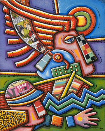 ALFREDO SOSABRAVO<br>
The Ship of Memories,<br> <i>(La Nave de los Recuerdos)</i>,<br> 2014,<br>
oil and collage on canvas,<br> 39 1/2 x 31 1/2 inches