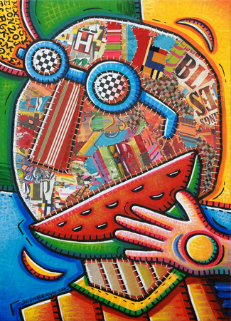 ALFREDO SOSABRAVO<br>
Watermelon Eater,<br>
<i>(Comedor de Mel�n)</i>,<br> 2016,<br>
acrylic and collage on canvas,<br>
39 x 28 inches