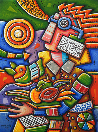 ALFREDO SOSABRAVO<br>
Greeting the Morning,<br>
<i>(Saludando la Ma�ana)</i>,<br> 2016,<br>
acrylic and collage on canvas,<br>
43 1/4 x 32 1/4 inches