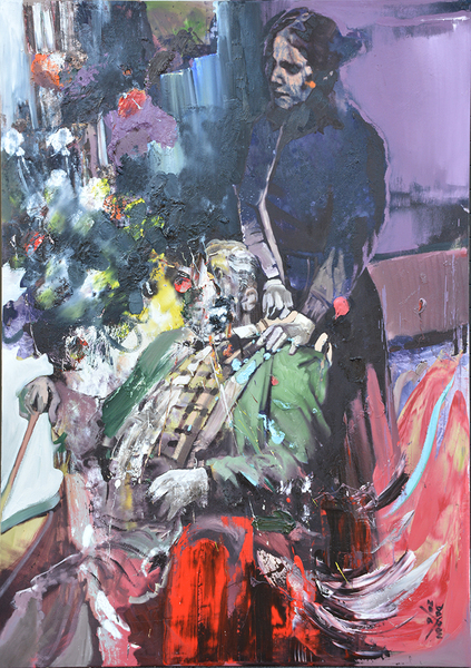 DAYRON GONZ�LEZ<br>
The Lady Behind the Scenes,<br> <i>(La Se�ora Detr�s de Escena)</i>,<br> 2016,<br> oil on canvas,<br> 70 x 50 inches