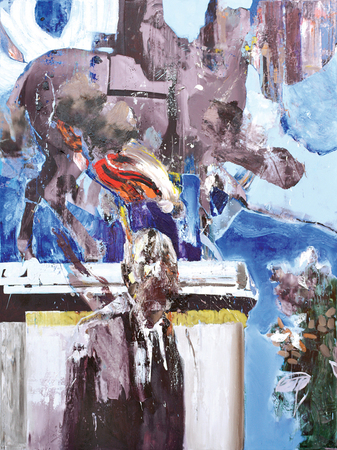 DAYRON GONZLEZ<br>
Dressed Up for History,<br> <i>(Trajeado para la Historia)</i>,<br> 2016,<br> oil on canvas,<br> 80 x 60 inches