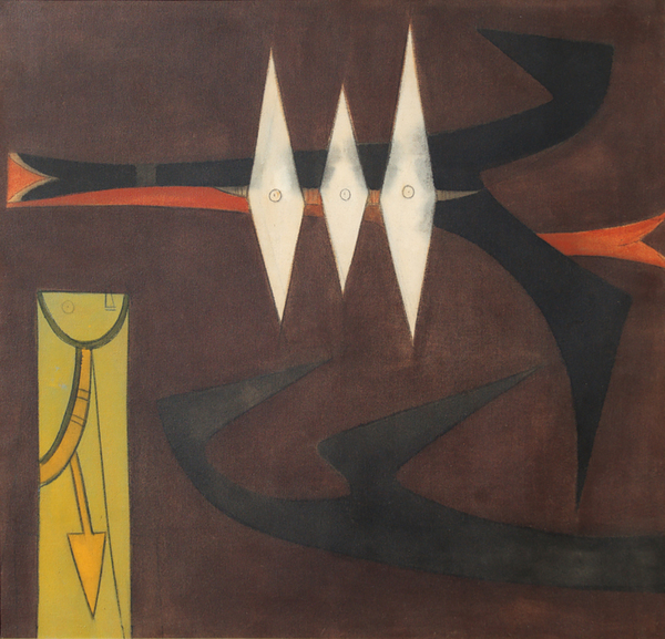 WIFREDO LAM<br>
Birds,<br> <i>(P�jaros)</i>,<br> ca. 1950,<br> oil on canvas,<br> 39 x 40 inches<br><br>
<i>Provenance:</i><br> CDS Gallery, New York, New York;<br> Private Collection, Caracas, Venezuela.<br><br>
<br>Exhibitions:</i><br>
Exhibited in Museo Nacional de Bellas Artes, Caracas, Venezuela, 1955.<br>
Exhibited in <i>Wifredo Lam</i>, Museo Nacional Centro de Arte Reina Sof�a,<br> Madrid, Spain, September 29-December 14, 1992.<br>
Also traveled to the Fundaci�n Joan Mir�, Barcelona, Spain, <br>January 21-March 28, 1993.<br>
Exhibited in <i>Wifredo Lam in North America</i>, Haggerty Museum of Art,<br> Marquette University, Milwaukee, Wisconsin, October 2007-January 2008;<br> was then exhibited at the Miami Art Museum, Florida, February-May 2008;<br>
exhibited at Museum of Latin American Art, Long Beach, California, June-August 2008,<br>
and exhibited at Salvador Dal� Museum, St. Petersburg, Florida, October 2008-January 2009.<br><br>
<i>Illustrations:</i><br>
Illustrated in Oeuvres R�centes de Wifredo Lam, Cahiers d�Art, No. XXVI,<br> Paris, France, 1951, page 186.<br>
Illustrated in <i>Wifredo Lam: Catalogue Raisonn� of the Painted Work, Volume I, 1923-1960</i>,<br>
Project Director: Eskil Lam, Acatos 1996, page 432, no. 50.45.<br>
Illustrated in <i>Wifredo Lam in North America</i>, with essays by <br>Curtis L. Carter, Lowery Stokes Sims, Dawn Ades, Valerie J. Fletcher,
Edward Lucie-Smith and Lou Laurin Lam,<br> published by the Haggerty Museum of Art on page 121, ill. 47.<br>
Illustrated in <i>Wifredo Lam</i>, published by Museo Nacional Centro de Arte Reina Sof�a, 1992, page 122.
