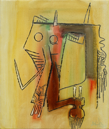 WIFREDO LAM<br> Composition,<br> <i>(Composición)</i>,<br> 1973,<br> oil on canvas,<br> 21 5/8 x 18 1/8 inches<br><br>
Signed and dated lower right, also signed and dated on the reverse.<br><br>
<i>Provenance:</i><br> Private Collection, Italy.<br><br>
<i>Illustrations:</i><br>
Illustrated in <i>Wifredo Lam: Catalogue Raisonné of the Painted Work, Volume II, 1961-1982</i>,<br>
Acatos 2002, Project Director: Eskil Lam, page 431, no. 73.220.<br>
Illustrated in the book <i>Wifredo Lam</i>, by Max-Pol Fouchet,
Ediciones Polígrafa, S.A.,<br> Barcelona, First Edition 1976, page 247, no. 623.<br>
Illustrated in <i>Wifredo Lam</i>, by Max-Pol Fouchet, Ediciones Polígrafa, S.A.,<br> Barcelona, Second Edition 1989, page 267, no. 655.<br>
This painting is accompanied by a photo-certificate of authenticity signed by<br>
Madame Lou Laurin Lam, dated April 22, 2002, no. 2-22.