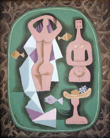 MARIO CARRE�O<br> Lady Bathers,<br> <i>(Ba�istas)</i>,<br> 1947,<br>
oil on canvas,<br> 19 1/2 x 15 1/2 inches<br><br>
<b><FONT COLOR=red>SOLD</font></b><br></br>
<i>Provenance:</i><br> Perls Galleries, New York;<br>
Private Collection, Georgia.<br><br>
A photo-certificate of authenticity
signed by the artist accompanies this work.<br><br>
<i>Exhibitions:</i><br>
Exhibited in <i>Carre�o: Recent Paintings</i>,
Perls Galleries, New York, 1947,<br>
and listed as no.17
in the corresponding exhibition catalog.<br>
Exhibited in <i>Carre�o: Retrospective Exhibition</i>,
The New York School for Social Research,<br>
New York, 1950, and listed as no.12
in the corresponding exhibition catalog.<br>
Exhibited in Sotheby�s Latin American Art
Auction, New York,<br> May 20-21, 1986, lot no.
120 and illustrated in the exhibition catalog.<br>
Illustrated in <i>Revistas Cubanas: Three Decades
of Cuba�s Cultural Life</i>,<br> Cuban Museum of
Arts and Culture, Miami, Florida, 1984.