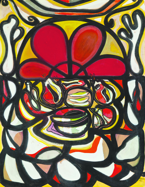 AMELIA PELÁEZ<br>
Still Life with Stained Glass<br>
(<i>Naturaleza Muerta con Vitral</i>)<br> 1960<br>
oil on board<br>
38 ⅝ x 30 ¼ inches <br><br>
Illustrated in <i>IMPORTANT CUBAN ARTWORKS, Volume Twelve, Cernuda</i> Arte,<br> Coral Gables, Florida, December 2014 page 21.<br><br>
Accompanied by a photo-certificate of authenticity<br> signed by Ramón Vázquez Díaz.