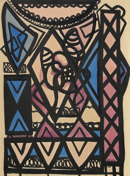 AMELIA PEL�EZ<br>
Composition<br>
(<i>Composici�n</i>)<br> 
1955<br>
mixed media on heavy paper laid down on board<br>
30 x 22 inches<br><br>
Signed and dated �APELAEZ 1955� lower right<br><br>
<i>Provenance:</i><br>
Dr. Henrique da Silva Martins.<br>
Dr. Henrique da Silva Martins was First Secretary at the Portuguese Embassy in Havana in 1958.<br></br>
Illustrated in <i>Important Cuban Artworks, Volume Fourteen, Cernuda</i> Arte,<br> Coral Gables,
Florida, December 2016, page 25.