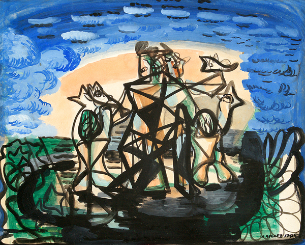 AMELIA PELÁEZ<br>
Fishermen<br>
(<i>Pescadores</i>)<br>
1945<br>
mixed media on heavy paper laid down on board<br> 15 3/4 x 19 5/8 inches<br><br>
<i>Provenance:</i><br>
Private Collection, Buenos Aires, Argentina.<br><br>
<i>Exhibitions:</i><br>
Exhibited in <i>11 Pintores Cubanos</i>, Museo de Bellas Artes, La Plata, Argentina, June 1946, and listed in the museum catalog, no. 47.<br><br>
Illustrated in <i>Important Cuban Artworks, Volume Fourteen, Cernuda</i> Arte,<br> Coral Gables,
Florida, December 2016, page 24.