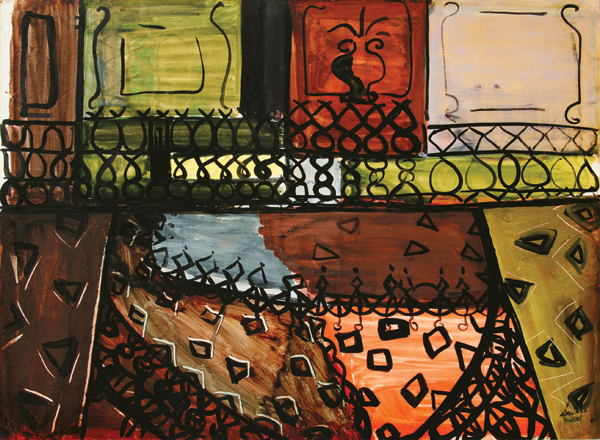 Amelia Pelez<br>Interior con Balcn<br>(<i>Interior with Balcony</i>), 1947<br>mixed media on heavy paper laid down on board<br>22 x 30 inches