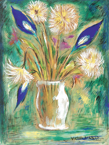 V�CTOR MANUEL GARC�A<br>
Vase with Callas and Chrysanthemums,<br>
<i>(Florero con Calas y Crisantemos)</i>,<br> ca. 1950,<br>
mixed media on heavy paper laid down on board,<br>
19 3/8 x 14 1/2 inches<br><br>
This painting is also accompanied by a certificate of authenticity<br>
signed by Jos� Veigas Zamora and Ram�n V�zquez D�az.<br><br>
Illustrated in <i>Important Cuban Artworks, Volume Fourteen, Cernuda</i> Arte,<br> Coral Gables,
Florida, December 2016, page 16.
