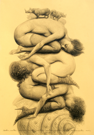 ROBERTO FABELO<br>
Erotica Nostra,<br> <i>(Erótica Nostra)</i>,<br> 2016,<br>
mixed media on heavy paper laid down on board,<br>
39 1/4 x 27 1/2 inches<br><br>
Illustrated in <i>Important Cuban Artworks, Volume Fourteen, Cernuda</i> Arte,<br> Coral Gables,
Florida, December 2016, page 108.
