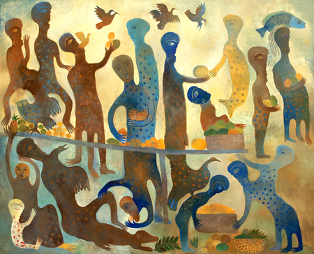 MANUEL MENDIVE<br>
The Market<br>
<i>(El Mercado)</i><br>
2005<br>
acrylic on canvas<br>
54 3/4 X 68 5/8 inches<br><br>
<i>Provenance:</i><br>
Mr. Juan Ignacio Sainz García, Bilbao, Spain.<br><br>
Illustrated in <i>Important Cuban Artworks, Volume Fourteen, Cernuda</i> Arte,<br> Coral Gables,
Florida, December 2016, page 125.