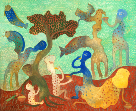 MANUEL MENDIVE<br>
Figures<br>
(<i>Personajes</i>)<br>
1998<br>
oil on canvas<br>
48 1/4 x 59 inches<br><br>
<i>Provenance:</i><br>
Mr. Juan Ignacio Sainz García, Bilbao, Spain.<br><br>
Illustrated in <i>Important Cuban Artworks, Volume Fourteen, Cernuda</i> Arte,<br> Coral Gables,
Florida, December 2016, page 129.