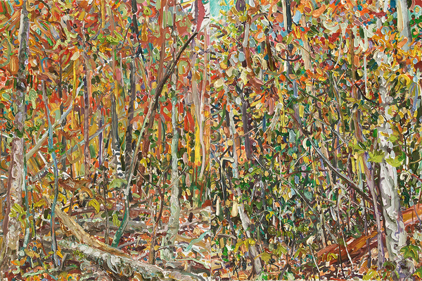 LILIAN GARC�A-ROIG<br>
Hambidge Diptych<br>
(<i>D�ptico de Hambidge</i>)<br>
2011<br>
oil on canvas, diptych<br>
48 x 72 inches<br><br>
<i>Provenance:</i><br>
Acquired directly from the artist.<br></br>
<i>Exhibitions:</i><br>
Exhibited in <i>�30 for 30�</i>, curated by Leon County�s Council on Culture & Arts,<br> City Hall Gallery, Tallahassee, Florida, 2015.<br>
Also exhibited in <i>�Time-Sensitive�</i>, Martin Museum of Art, Baylor University,<br> Waco, Texas, 2014, and illustrated in the museum catalog.<br>
Exhibited in <i>�Natural Exuberance�</i>, Historic City Hall Arts Center, Lake Charles, Louisiana.<br>
Exhibited in <i>�Conspicuous Nature�</i>, Turner Center for the Arts, Valdosta, Georgia, 2013.<br>
Exhibited in <i>� By All Means�</i> (faculty art show), FSU Museum of Art;<br> Tallahassee, Florida, 2012.<br> 
Exhibited in <i>�Fall Festival Featured Artist Open Studio Exhibition�</i>,<br> Hambidge Center for the Creative Arts, Rabun Gap, Georiga, 2011.</br><br>
Illustrated in <i>Important Cuban Artworks, Volume Fourteen, Cernuda</i> Arte,<br> Coral Gables,
Florida, December 2016, page 162.
