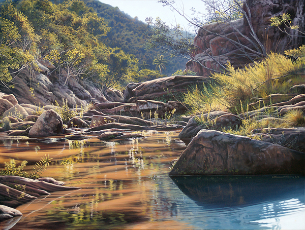 GIOSVANY ECHEVARRÍA<br>
Morning Reflections<br>
(<i>Reflejos de la Mañana</i>)<br>
2016<br>
oil on canvas<br>
35 5/8 x 47 1/8 inches<br><br>
Illustrated in <i>Important Cuban Artworks, Volume Fourteen, Cernuda</i> Arte,<br>
Coral Gables, Florida, November 2016, pg. 158.