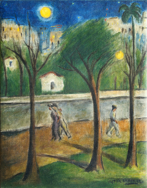 VÍCTOR MANUEL GARCÍA<br>
Stroll in the Park<br>
(<i>Paseo por el Parque</i>)<br>
ca. 1954<br>
oil on canvas<br>
20 1/4 x 16 inches<br><br>
<i>Exhibitions:</i>
Exhibited in the 6th Latin American Art Auction, Miami, Florida,<br> January 10, 1999, and illustrated as number 1 in the corresponding catalog.<br><br>
Illustrated in <i>Important Cuban Artworks, Volume Thirteen, Cernuda</i> Arte,<br> Coral Gables,
Florida, December 2015, page 2.