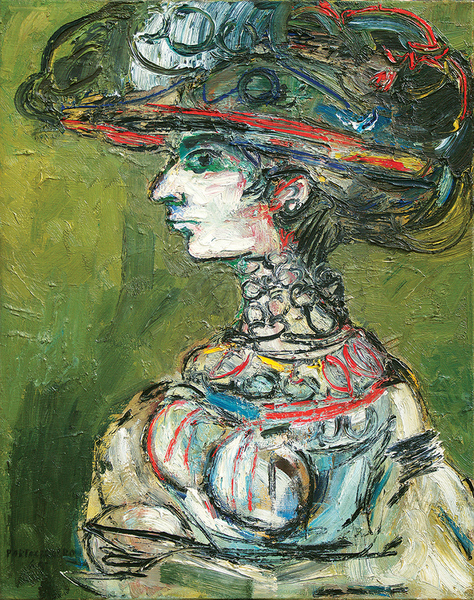 REN PORTOCARRERO<br> Second Portrait of Flora,<br> <i>(Segundo Retrato de Flora)</i>,<br> 1965,<br> oil on canvas,<br> 33 x 26 inches<br><br>
<i>Provenance:</i><br> Private Collection, Mexico City, Mexico.<br><br>
<i>Exhibitions:</i><br>Exhibited in Ren Portocarrero, Museo de Arte Moderno, Bosque de Chapultepec,<br> Mxico, May 1965,
and listed in the exhibition catalog, no. 15.<br><br>
Illustrated in IMPORTANT CUBAN ARTWORKS,<br> VOLUME FOURTEEN, Cernuda Arte, Coral Gables, FL,<br> December 2016, pg. 63.
