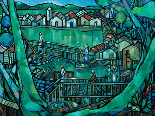 JOSÉ M. MIJARES <br>
Cuban Port<br>(<i>Puerto Cubano</I>), 1969<br> oil on canvas<br> 32 x 40 inches<br><br>
This painting was exhibited in <i>Celebrando a Mijares, 50 Años de Creación</i>,<br> Cuban Museum of Arts and Culture, Miami, Florida, 1994,<br>
and is illustrated in the corresponding exhibition catalog,<br> forty-first page (unnumbered pages).<br><br>
Illustrated in <i>Important Cuban Artworks, Volume Fourteen, Cernuda</i> Arte,<br> Coral Gables, Florida, November 2016, pg. 54.