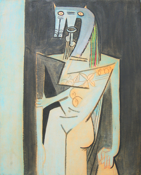 Wifredo Lam<br>Mujer de Pie<br>(<i>Standing Woman</i>), 1944<br>mixed media on paper laid down on canvas<br>42 x 33 3/4 inches</br><br>
Exhibited in <i>Lam</i>, Galleria Ferrari, Treviglio, Italy, 1988, and illustrated in the exhibition catalog.</br><br>Exhibited in <i>Wifredo Lam, Un Percorso</i>, Galleria Gruppo Credito Valtellinese, Refettorio delle Stelline, Milano, Italy,November 2002, and at Museo di Storia e Arte, Palazzo Sassi de Lavizzari, Sondrio, Italy, January 2003.</br><br>Illustrated in the exhibition catalog, <i>Wifredo Lam, Cuba Italia. Un Percorso</i>, Silvanna Editoriale, 2002, page 63.
Exhibited in <i>Wifredo Lam, LOiseau du Possible</i>, Galerie Boulakia, May 2004, and illustrated in the exhibition catalog, page 47.</br><br>This painting is illustrated in <i>Wifredo Lam: Catalogue Raisonn of the Painted Work, Volume I, 1923-1960</i>, Acatos, Project Director: Eskil Lam, page 342, no. 44.07.</br><br>This painting is accompanied by a photo-certificate of authenticity signed by Lou Laurin Lam, dated May 11, 2011 and no. 11.11.