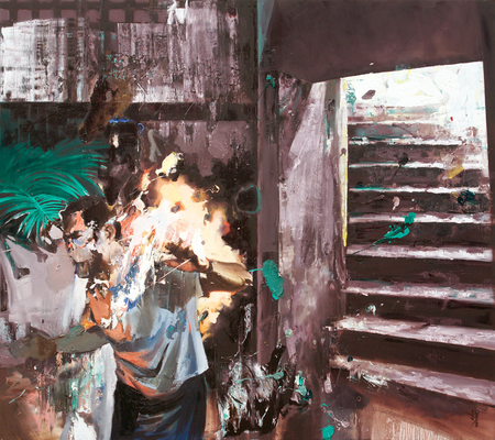 DAYRON GONZ�LEZ<br>
Bunker<br>
(<I>B�nker</I>), 2017<br>
oil on canvas<br>
80 x 90  inches
