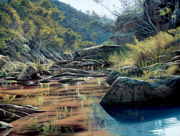 GIOSVANY ECHEVARR�A<br>
Morning Reflections<br>
(<I>Reflejos de la Ma�ana</I>), 2016<br>
oil on canvas<br>
35 ⅝ x 47 ⅛ inches<br><br>
Illustrated in IMPORTANT CUBAN ARTWORKS,<br> 
Volume Fourteen, page 158.
