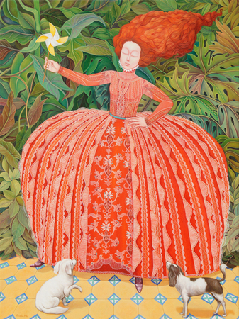 IRINA ELN GONZLEZ<br> 
Dancing in the Garden<br>
(<I>Danzando en el Jardn</I>), 2016<br>
acrylic on canvas<br>
47  x 35  inches
