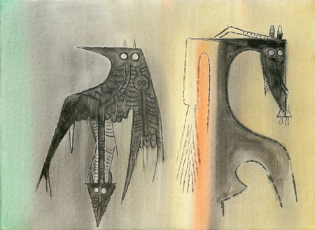 WIFREDO LAM<br>
At the End of the Question<br>
(<I>Al Final de la Pregunta</I>), ca. 1971<br>
oil on canvas<br>
19 � x 27 � inches<br><br>
<i>Provenance:</I> <br>
Private Collection, Milan, Italy.<br>
Exhibited in Wifredo Lam, Galleria Gissi, Turin, Italy, April 1978.<br><br>

Illustrated in <I>Wifredo Lam: Catalogue Raisonn� of the Painted Work, Volume II</I>,<br> 1961-1982, Project Director: Eskil Lam, Acatos 2002, 
page 348, no. 71.04.<br><br>

Illustrated in IMPORTANT CUBAN ARTWORKS,<br> Volume Fourteen, page 32.
