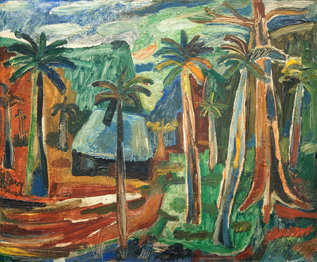 RENÉ PORTOCARRERO<br>
Landscape and Hut<br>
(<I>Paisaje y Bohío</I>), 1944<br>
oil on wood<br>
20 x 24 inches<br><br>
<I>Provenance:</I><br>
Private Collection, Santo Domingo, Dominican Republic.<br><br>
Illustrated in IMPORTANT CUBAN ARTWORKS,<br>
Volume Fourteen, page 56.