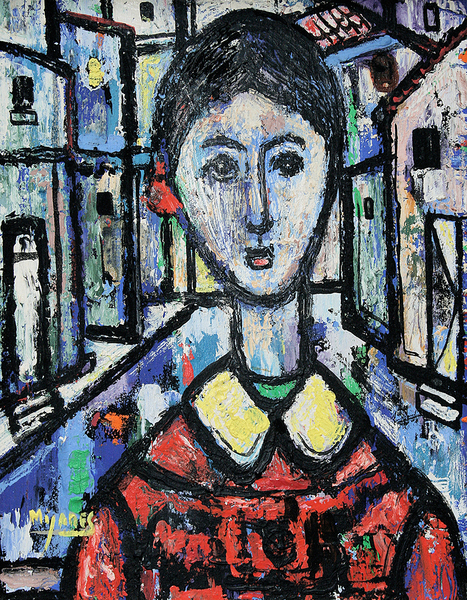 JOS� M. MIJARES<br>
Young Lady in the City<br>
(<i>Muchacha en la Ciudad</i>), ca. 1950<br>
oil on board<br>
10 x 8 inches<br><br>
Illustrated in <i>IMPORTANT CUBAN ARTWORKS,<br>
Volume Nine</i>, page 51.