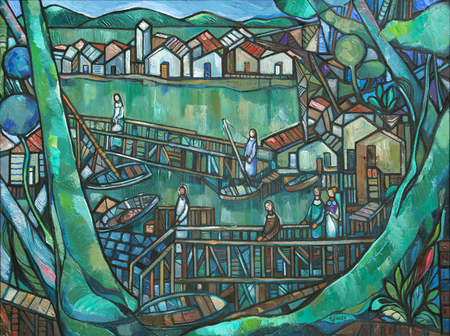 JOSÉ M. MIJARES<br>
Cuban Port<br>
(<i>Puerto Cubano</i>)<br>
1969<br>
oil on canvas<br>
32 x 40 inches<br><br>
This painting was exhibited in <i>Celebrando a Mijares, 50 Años de Creación</i>,<br> Cuban Museum of Arts and Culture, Miami, Florida, 1994,
and is illustrated<br> in the corresponding exhibition catalog, forty-first page (unnumbered pages).<br><br>
Illustrated in <i>IMPORTANT CUBAN ARTWORKS,<br> Volume Fourteen</i>, page 54.