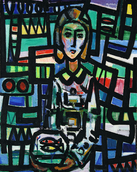 JOS� M. MIJARES<br>
Young Lady with Fish Bowl<br>
(<i>Muchacha con Pecera</i>), 1950<br>
oil on canvas board<br>
23 x 19 inches