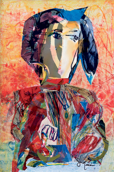 GINA PELLÓN <br>
Come and Celebrate the Joy<br>
(<i>Ven a Celebrar la Alegría</i>), 2013<br>
painted collage on heavy paper laid down on wood<br>
23 5/8 x 15 3/4 inches<br><br>
Illustrated in <i>IMPORTANT CUBAN ARTWORKS,<br>
Volume Fourteen</i>, page 104.