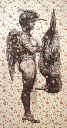 ROBERTO FABELO<br> 
Grand Bird<br> 
(<i>Gran P�jaro</i>), 2014<br> acrylic on silk<br> 93 x 48 1/2 inches<br><br>
Illustrated in <i>IMPORTANT CUBAN ARTWORKS, <br>
Volume Thirteen</i>, page 114.