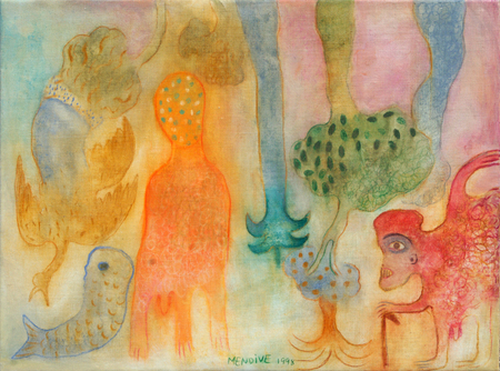 MANUEL MENDIVE<br>
Figures<br> (<i>Figuras</i>), 1998<br>
mixed media on canvas<br> 15 1/4 x 20 inches<br><br><i>Provenance:</i><br>
The Tanyu-Levent Collection, Istanbul, Turkey.<br><br>
Illustrated in <i>IMPORTANT CUBAN ARTWORKS,<br> Volume Fourteen</i>, page 88.

