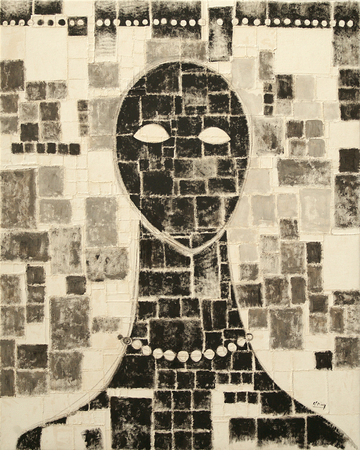 JUAN ROBERTO DIAGO<br>
Waiting Within My Silence<br>
(<i>Esperando Desde Mi Silencio</i>), 2016<br>
mixed media and collage on canvas<br>
59 x 47 inches<br>