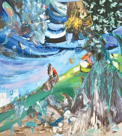 DAYRON GONZ�LEZ<br>
At the Other Side of the Mountain<br> 
(<i>Al Otro Lado de la Monta�a</i>), 2016<br>
oil on canvas<br>
72 x 64 inches<br>
