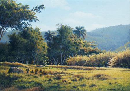 GIOSVANY ECHEVARRA<br>
A Lingering Sunset<br>
(<i>Un Largo Atardecer</i>), 2015<br>
oil on canvas<br>
9 3/4 x 13 3/4 inches<br>

Illustrated in <i>IMPORTANT CUBAN ARTWORKS,<br> Volume Thirteen</i>, page 152.
