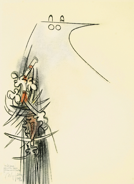 Wifredo Lam<br>El Pjaro<br>(<i>The Bird</i>), 1962<br>mixed media on heavy paper laid down on board<br>24 1/2 x 18 1/4 inches</br></br>The painting is dedicated: To Dr. Hamne with the utmost gratitude and friendship, Falun, 1962, and signed by the artist.</br><br>We are grateful to Monsieur Eskil Lam for having confirmed the authenticity of this painting.