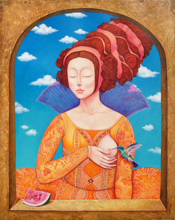 IRINA EL�N GONZ�LEZ<br>
Tropical Maternity<br>
(<i>Maternidad Tropical</i>), 2016<br>
acrylic on canvas<br>
39 3/8 x 31 3/8 inches<br><br>
Illustrated in <i>IMPORTANT CUBAN ARTWORKS,<br> Volume Fourteen</i>, page 140.
