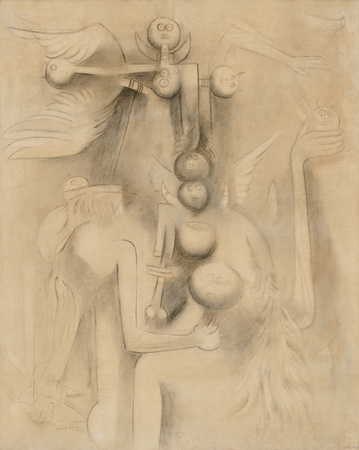 WIFREDO LAM <br>
Untitled [Presences]<br>
(<i>Sin Ttulo [Presencias]</i>), 1944<br>
oil on canvas<br>
42 1/8 x 33 1/2 inches<br><br>

<i>Provenance:</i><br>
Galerie Boulakia, Paris, France.<br>
Galerie 3+2, Paris, France.<br>
Private Collection, Paris, France.<br>
Private Collection, Coral Gables, Florida.<br> 
Private Collection, Lucerne, Switzerland.<br><br>

Exhibited in Christies New York, Latin American Sale, November 20-21, 2012,<br>
lot no. 17 and illustrated in the accompanying exhibition catalog, pages 34 and 35.<br>
Illustrated in <i>Wifredo Lam: Catalogue Raisonn of the Painted Work, Volume I,<br> 
1923-1960</i>, Project Director: Eskil Lam, Acatos 1996, page 358, no. 44.63.<br>
Illustrated in the book <i>Wifredo Lam</i>, by Max-Pol Fouchet, Ediciones Polgrafa, S.A.,<br>
Barcelona, Spain, First Edition 1976, page 234, no. 402.<br>
Illustrated in the book <i>Wifredo Lam</i>, by Max-Pol Fouchet, Ediciones Polgrafa, S.A.,<br>
Barcelona, Spain, Second Edition 1989, page 254, no. 434.<br>
Illustrated in <i>Important Cuban Artworks, Volume Eleven, Cernuda</i> Arte,<br>
Coral Gables, Florida, December 2014, page 33.<br><br>
Illustrated in <i>IMPORTANT CUBAN ARTWORKS,<br> Volume Fourteen</i>, page 31.<br><br>

This painting is accompanied by a photo-certificate of authenticity signed by the artist,<br> Wifredo Lam, dated Paris, April 20, 1971.