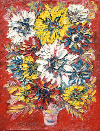 RENÉ PORTOCARRERO<br> Flowers<br> <i>(Flores)</i><br> 1969<br> oil on canvas<br> 16 3/4 x 12 7/8 inches<br><br>
This painting is also accompanied by a photo-certificate of authenticity signed by<br>
José Veigas Zamora and Ramón Vázquez Díaz, dated March 8, 2011.