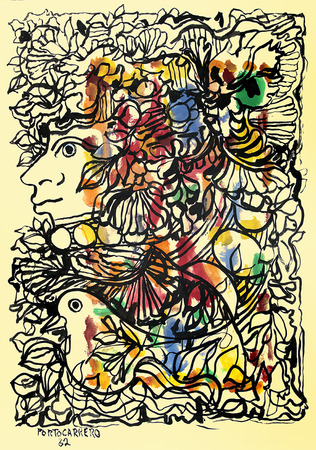 REN� PORTOCARRERO<br>
Portrait of Flora and Dove<br>
(<i>Retrato de Flora con Paloma</i>), 1982<br>
mixed media on heavy paper laid down on board<br>
24 1/2 x 18 1/2 inches<br><br>
Illustrated in <i>IMPORTANT CUBAN ARTWORKS,<br>
Volume Nine</i>, page 65.


